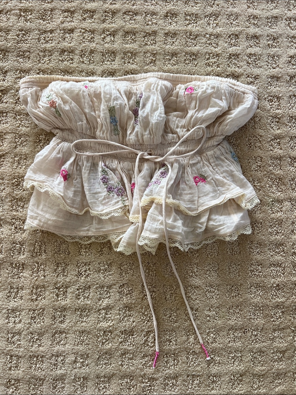 Smocked Strapless Ruffled Crop Top with Floral Embroidery - Cream